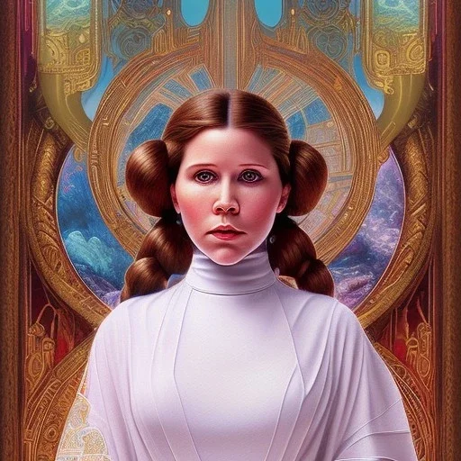 hyperspace background, complete and photo realistic detailed head to waist stunning photo realistic portrait of young carrie fisher as Princess Leia in star wars with photo realistic hairstyle by Mandy Jurgens and mucha and Richard Schmid and chuck close and chie yoshii, extraordinary and detailed ceremony dress of star wars,brown eyes