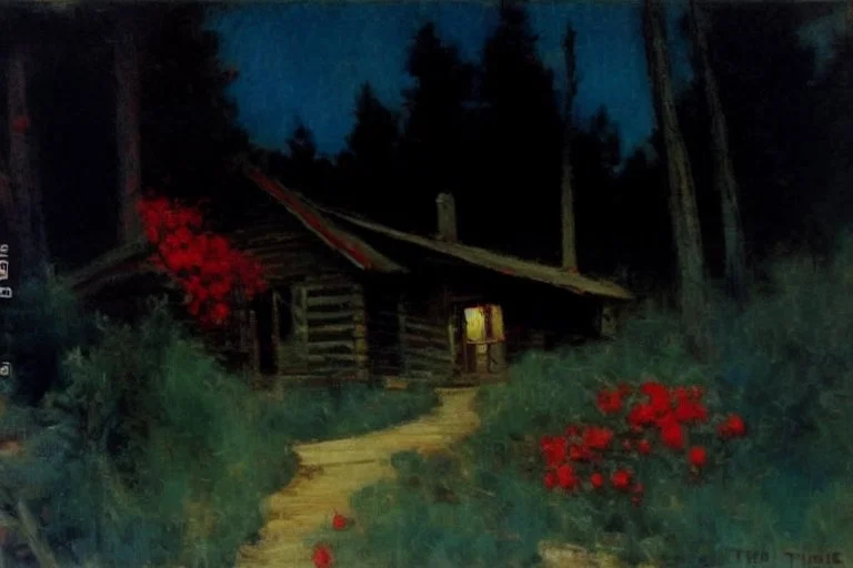 Night, cabin, pine trees, pathway, red flowers, theodore robinson impressionism painting