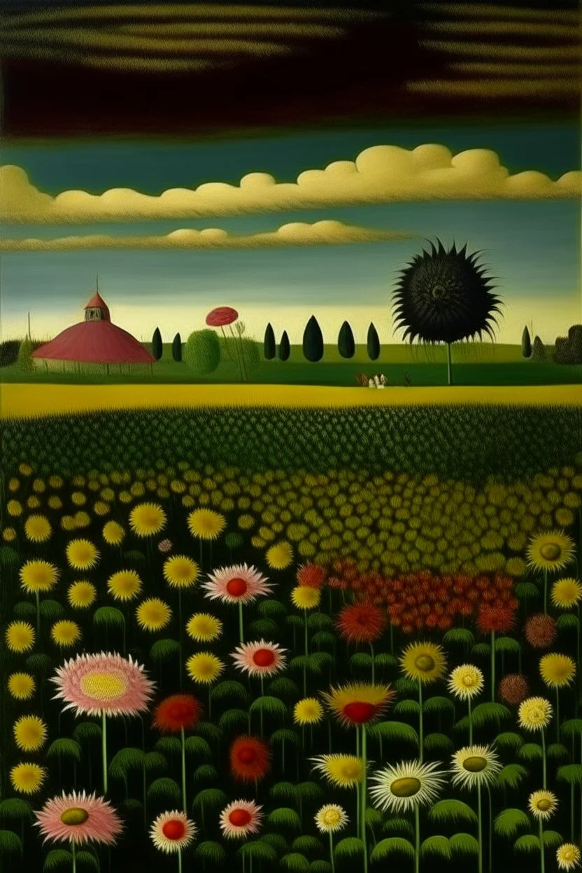 A flower field with nuclear waste painted by Henri Rousseau