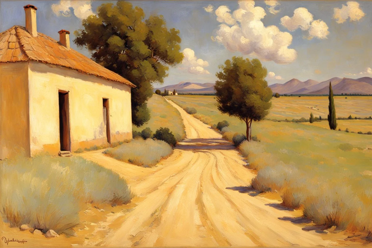 sunny day, clouds, rocks, trees, mountains, countryside, dirt road, adobe old house, gustave caillebotte and pieter franciscus dierckx impressionism paintings