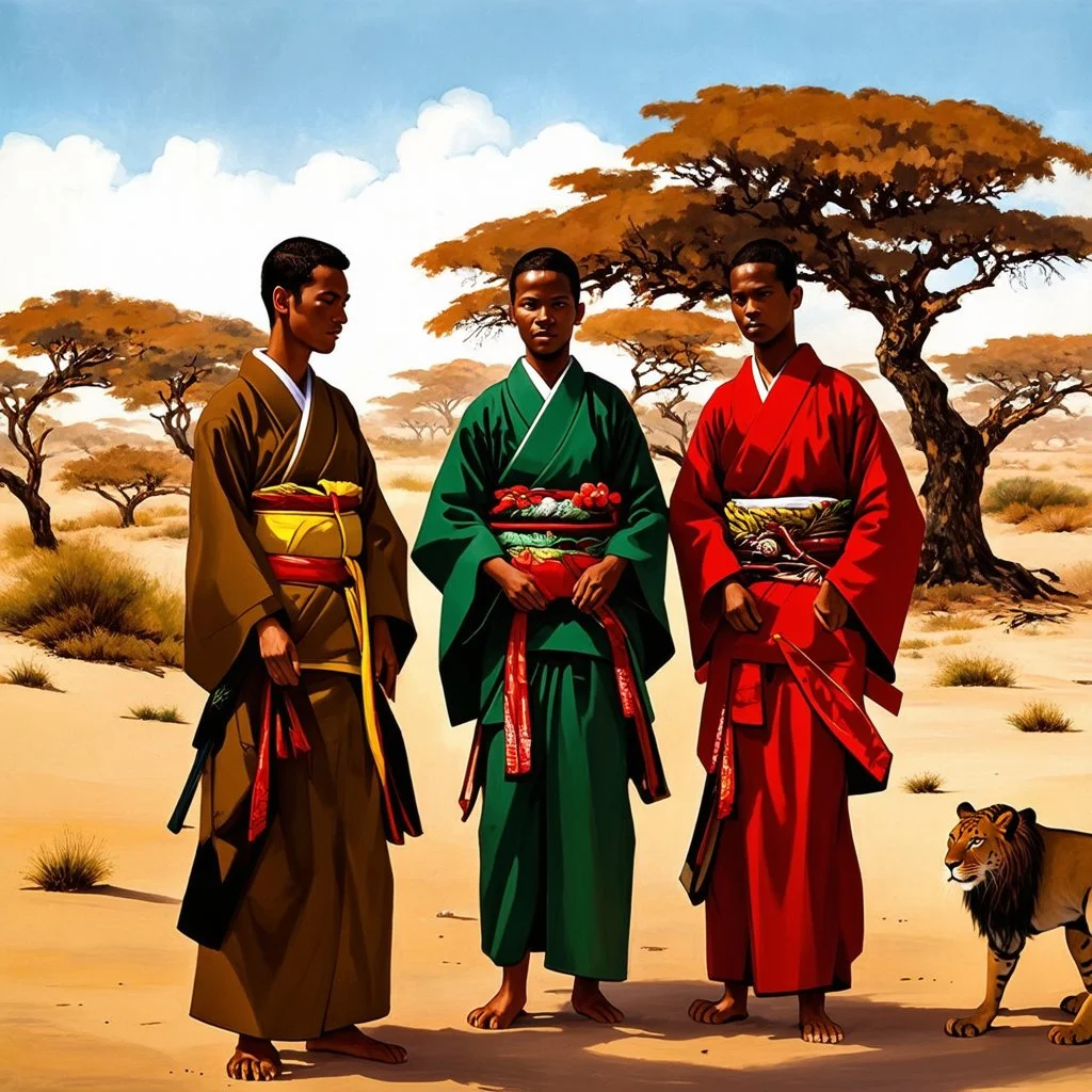 Warning: Close-up. Rich colors, intense sharpness. Cinematic and realistic illustration of African villagers in traditional kimonos, combining elements of samurai and kabuki aesthetics. They are working together in a savannah landscape, with a desert tree in the background. They care for lions and leopards, while their vibrant kimonos contrast with the earth tones of the surroundings.