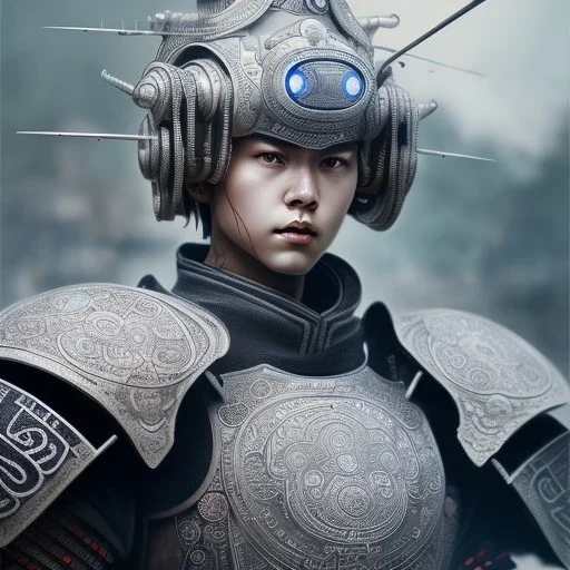 samurai robot, sango fantasy, fantasy magic, intricate, sharp focus, illustration, highly detailed, digital painting, concept art, matte, artgerm and paul lewin, masterpiece, mercury armor