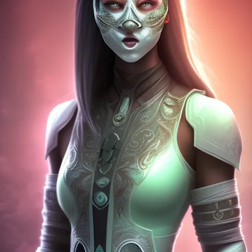 jade, mortal kombat, face, mouth open, white clothes, white ninja mask, black hair, brown eyes, woman, darker skin tone