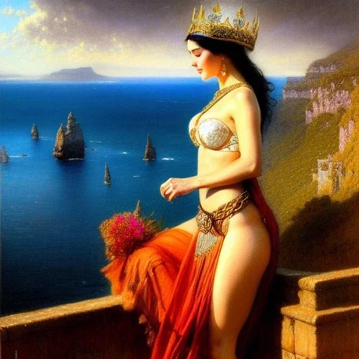 Drawing of beautiful face busty Celtic queen,balcony,view,cliffs,sea,ancient leather armor, balanciaga fashion clothe painting by gaston bussiere, greg rutkowski, yoji shinkawa, yoshitaka amano, tsutomu nihei, donato giancola, tim hildebrandt, oil on canvas, cinematic composition, extreme detail,fit full head inside picture,16k