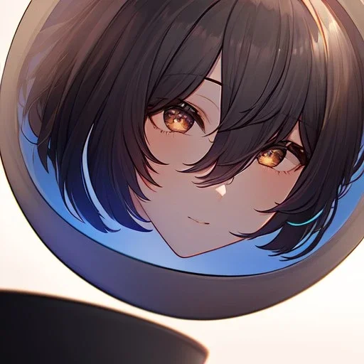 Clear focus, High resolution,floating shiny hair, black streaked hair,short bowl cut hair, choppy cuts hair,hair between eyes, extreme close up