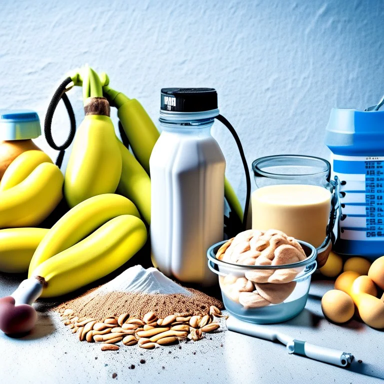 Ingredients for a proteinshake. Eggs, bananas, protein powder, nuts, studio view. Workout items, jump rope, dumbbell, realistc.