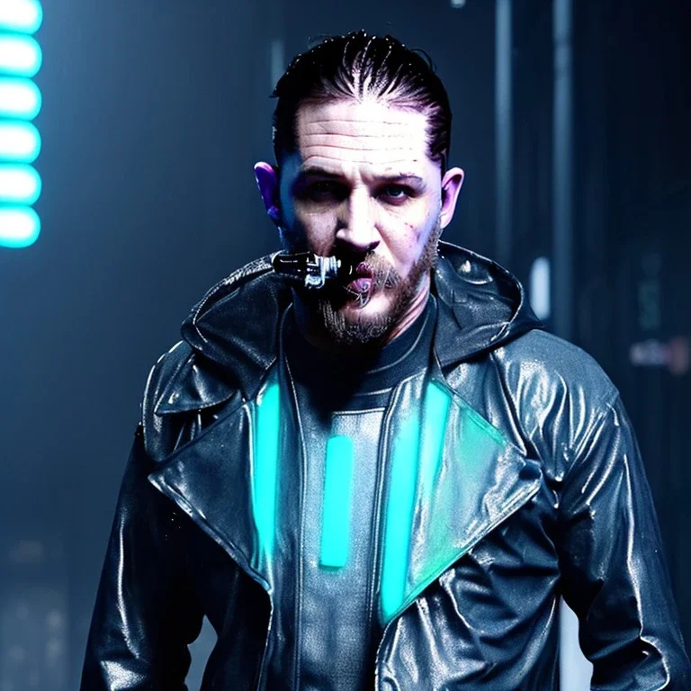 Actor, tom hardy, replicant man, blade runner style, rain, fog, neon ambient, gradient color, clean skin, circuits, latex coat, cyber punk, neon, tubes, portrait, studio photo, unreal engine 5, smooth color, 16 bit, god lights, ray tracing, RTX, lumen lighting, ultra deatail, volumetric lighting, 3d, finely drawn, hd.