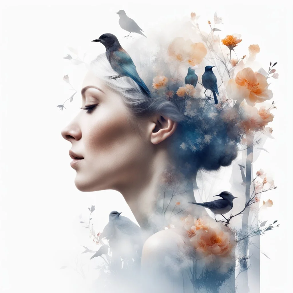 White background, double exposure, portrait of a woman in profile, flowers, birds, branches, city, double exposure