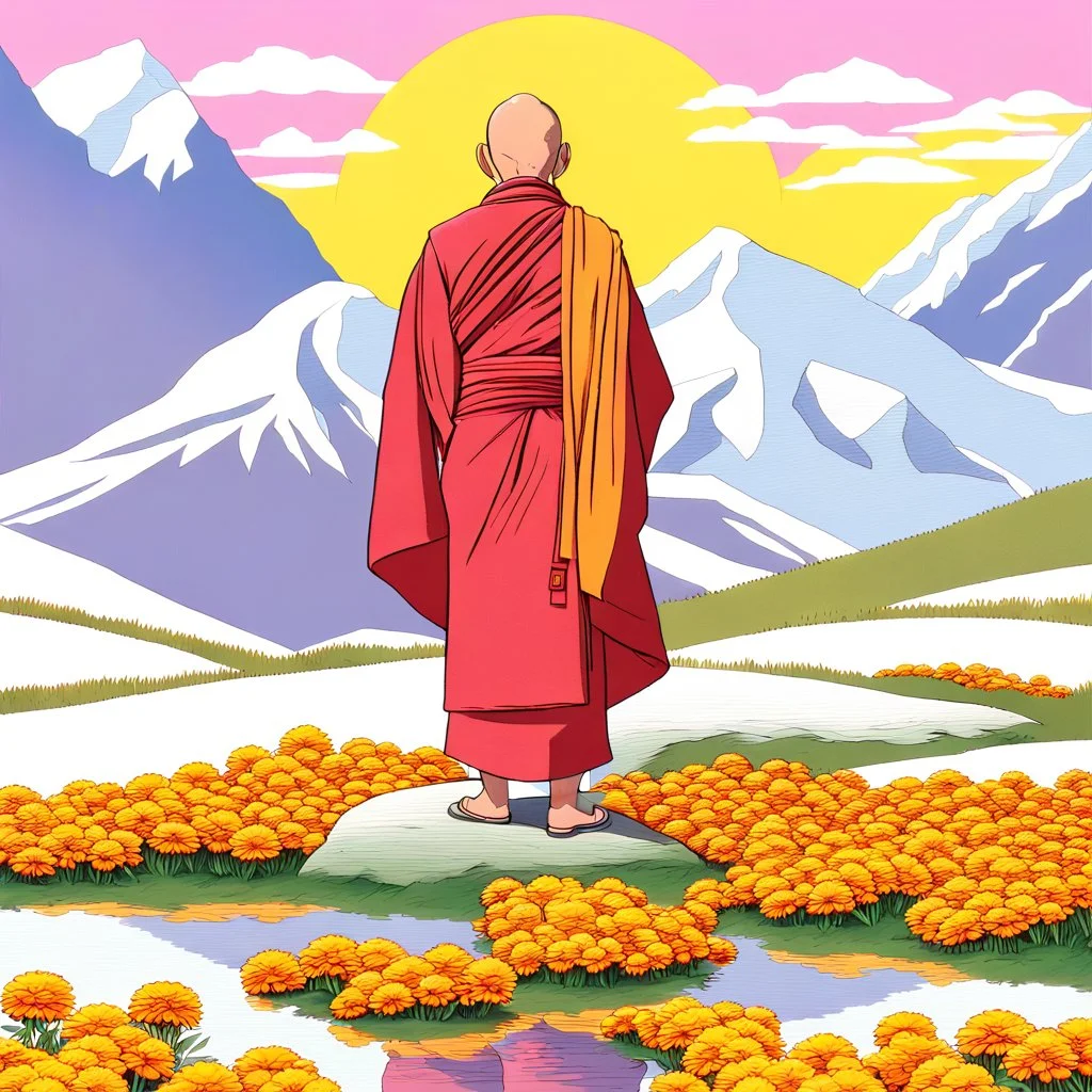 An ice Buddhist monk dressed in a red robe over a yellow shirt and wearing sandals, standing in a field of marigolds and pink violets against the backdrop of the snowy Himalayan peaks, the ground around him is wet from dew balls and morning mist, the monk's figure is reflected in a puddle of water he is standing next to, in a field a yak herder, sun rays Penetrating through white and gray clouds that cover the sky, cinematic photography, wide lens, sharp and clear colors, 24K