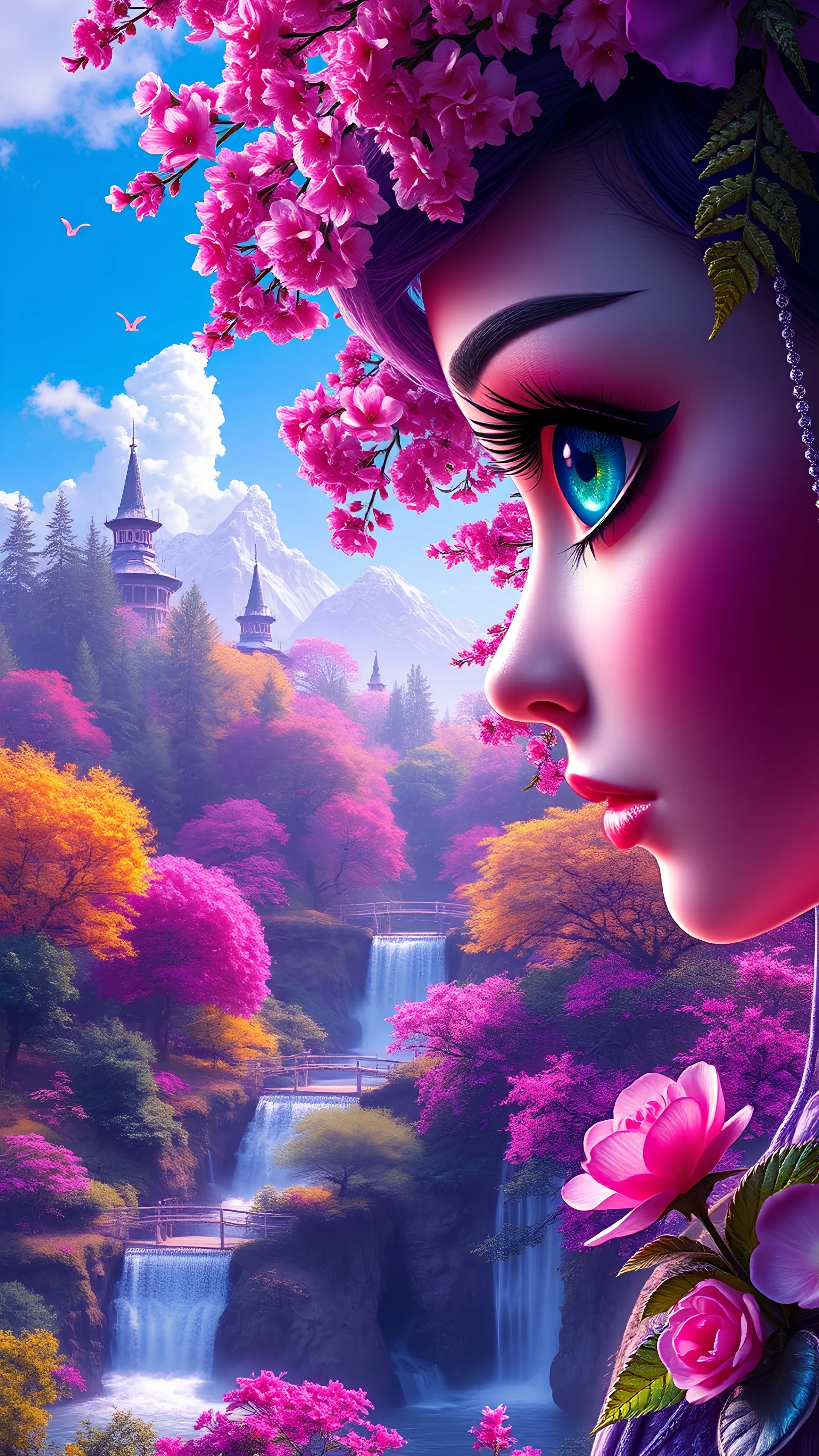 3d holographic editorial photo: さよなら, scenic view of a fairytale background, forest with colorful flower blooming, waterfall, blue sky, bridges, chiaroscuro, Geodes, gold foil, gemstone, masterpiece, realism, glossy, smooth, shiny, iridescent, dynamic, knolling, purple pink and blue hues, detailed eyes, hdr, no artifacts, no water marks, no deformed facial features