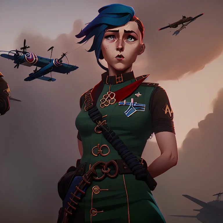 War propaganda of a temptress patriotic female soldier in a skirt long blue braided hair wearing green w red lights full torso wearing medals and a biplane overhead flying in the background