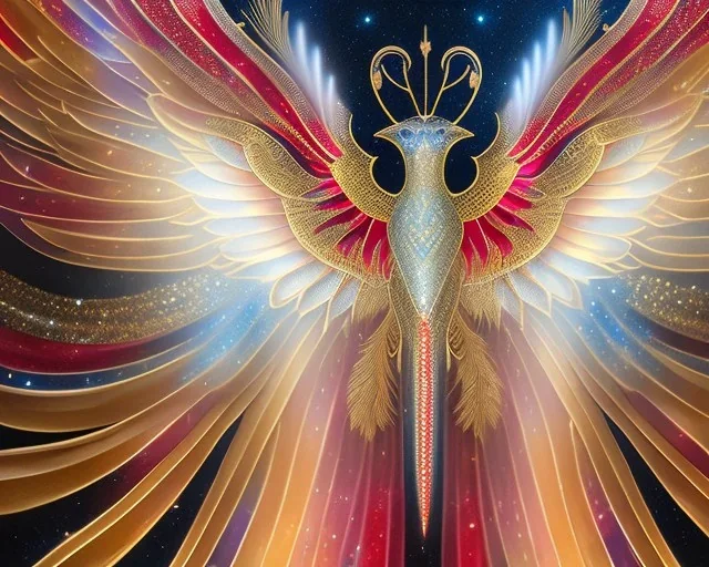 a detailed illustration of a phoenix with shiny red wings and long glowing sparkly body, luminescent body, glinting spread wings, realistic, soft and smooth glowing wings, soft feathers, macro lens, sharp focus, meticulously detailed, soft studio lighting, smooth blurred gradient background, 64k