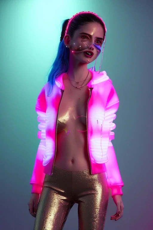 Ultra Realistic image, Rosalía artist, portrait, waist up portrait, long black eye line, sweet face, inflatable hoodie, gold pink and blue style, spray glow make up, led lights, neon, rings piercing nose, led ornament, fog, bubble latex coat, vibrant color, highly detailed, art stations, concept art, smooth, unreal engine 5, god rays, ray tracing, RTX, lumen lighting, ultra detail, volumetric lighting, 3d, finely drawn, high definition, high resolution.