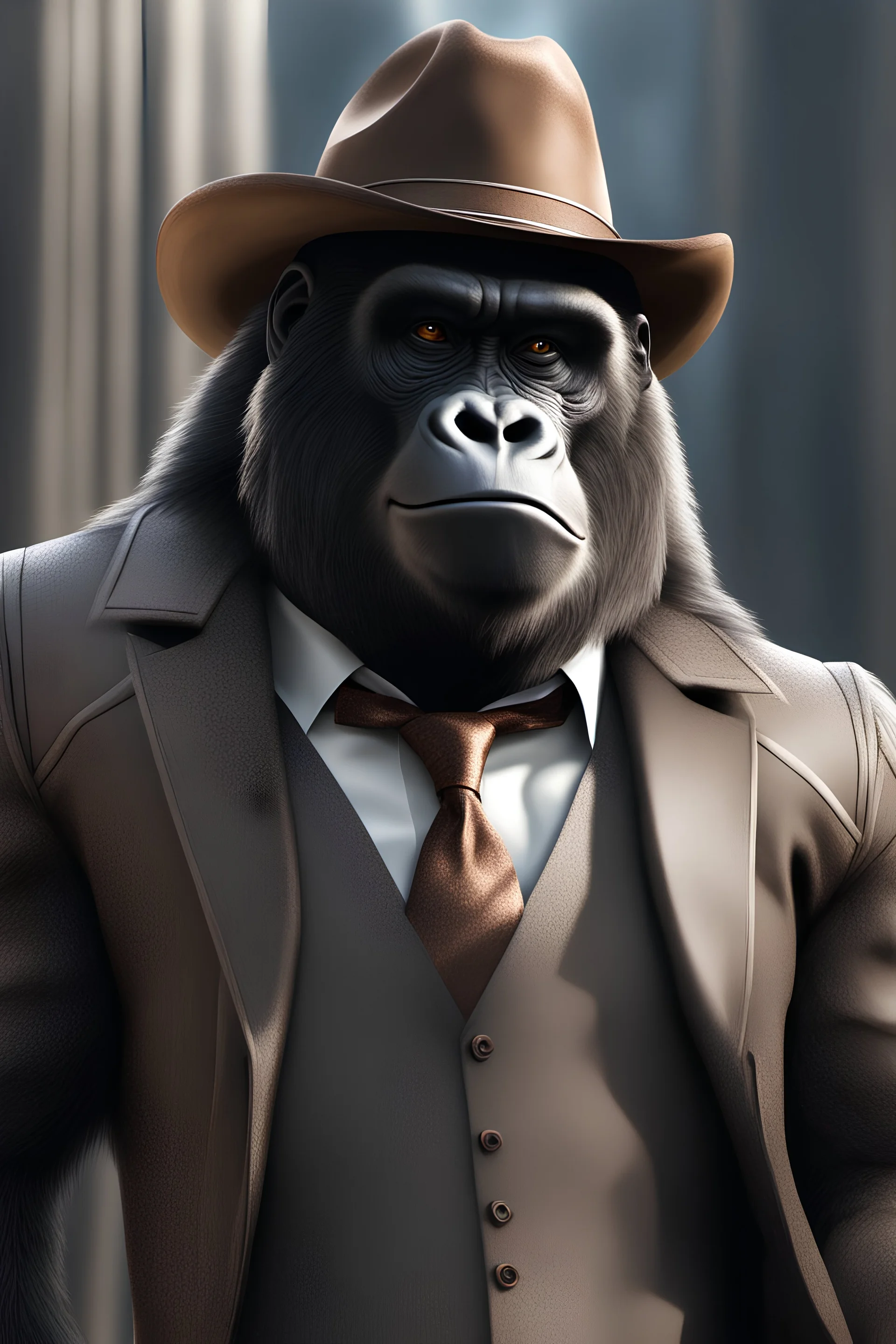 Anthropomorphic gorilla with brown cowboy hat, hyper-realistic suit and tie 8k