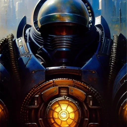 portrait 'Terran Marine Unit-Starcraft' ancient metal armor ,painting by gaston bussiere, greg rutkowski, yoji shinkawa, yoshitaka amano, tsutomu nihei, donato giancola, tim hildebrandt, oil on canvas, cinematic composition, extreme detail,fit full head inside picture,16k