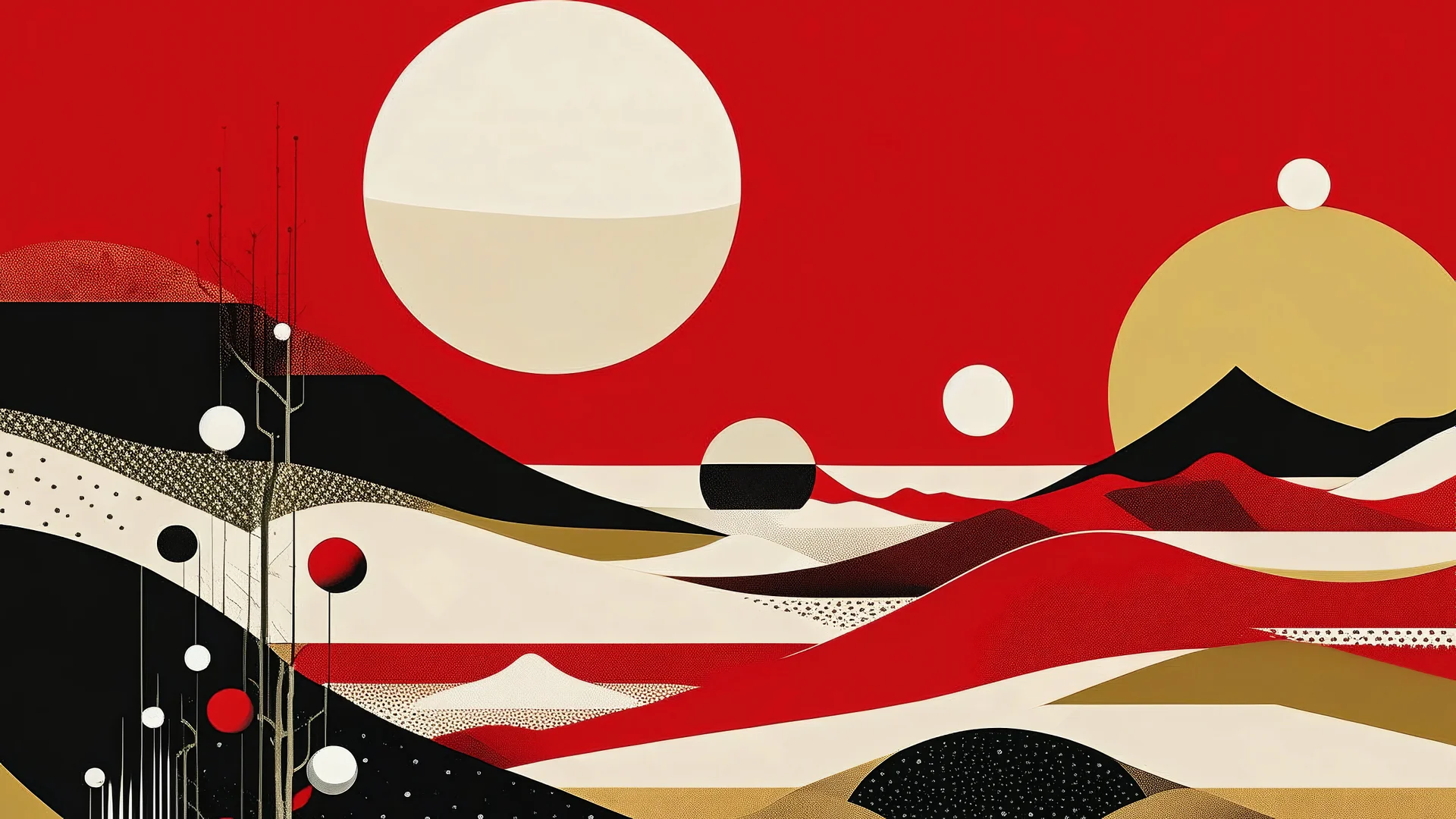 An abstract and ultra minimalist design poster by Kandinsky and Kuniyoshi of a red, black and white desert landscape.