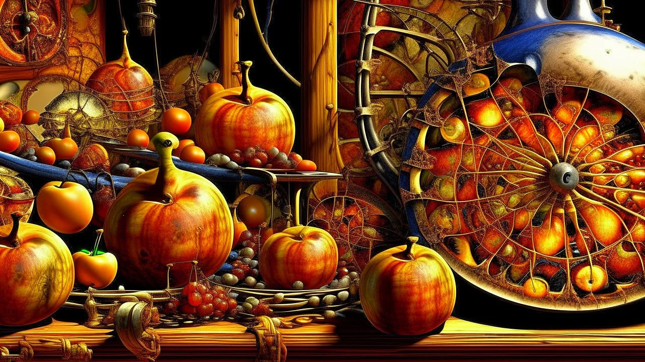 Apples. Pears. Grapes. Dishes. Oranges. Wood table. Coffee pot.