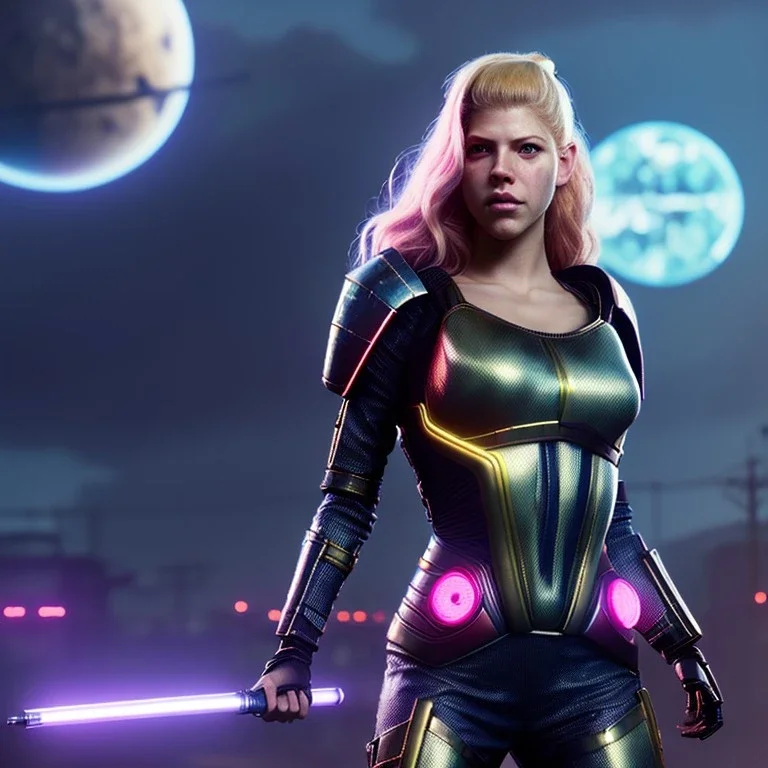 Actress , sci-fi, cyber punk , Katheryn Winnick, retro futuristic, portrait, samurai, 16 bit, unreal engine 5, god light, ultra hd, vibrant color, gradient background, neon.