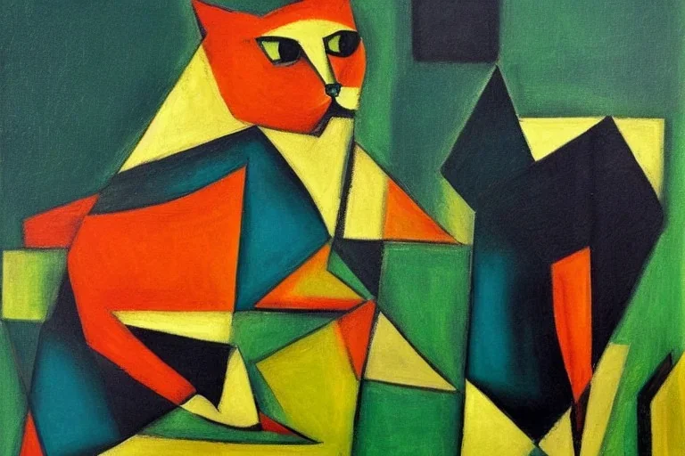 Cubist painting of a cat sitting on a green table