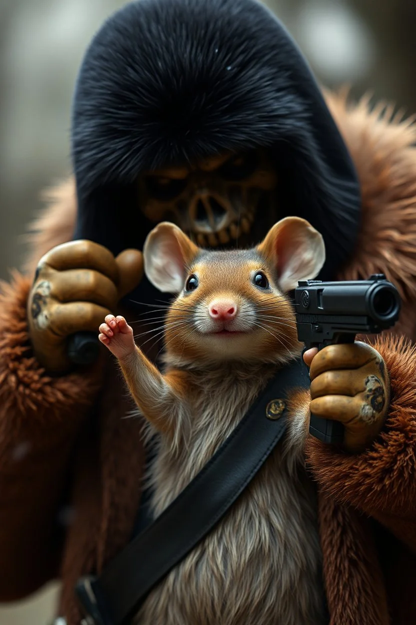 A mouse warring a black coat humanoid, dressed brown fur coat, holding a machine gun hands up