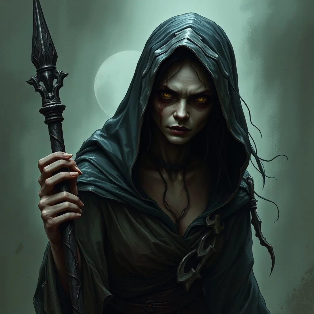 The demon witch, Lorissa Nightshade, appears—a gaunt, pale woman with hollowed out eyes and wearing tattered and torn robes. Grimdark realistic