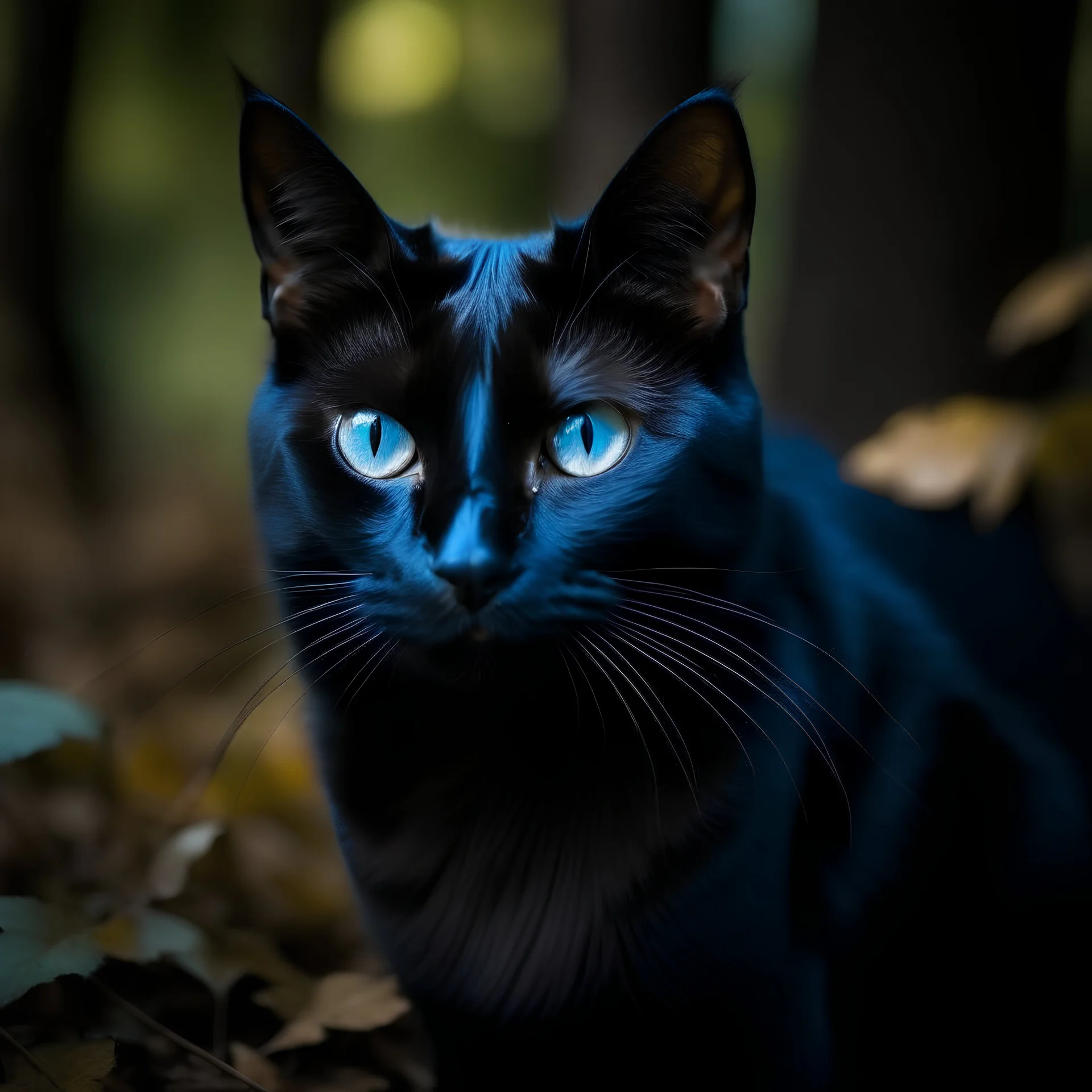 a black cat with blue eyes in the forest