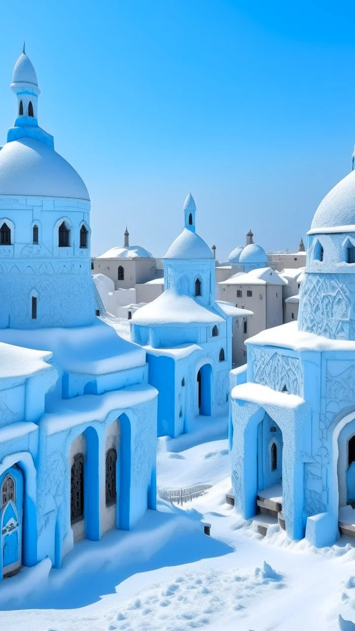 A light pale blue village in winter season designed in ancient Egyptian hieroglyphics painted by Antoni Gaudi