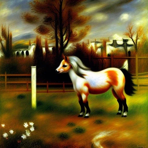 shetland pony, fence, field, oil painting, by renoir