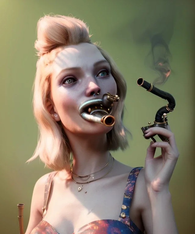 Ultra realistic photographic portrait, happy blonde woman smoking a pipe in Wonderland, wide angle view, smile steampunk dress style, marihuana plants, color fog, color smoke, soft color, highly detailed, unreal engine 5, ray tracing, RTX, lumen lighting, ultra detail, volumetric lighting, 3d, finely drawn, high definition.