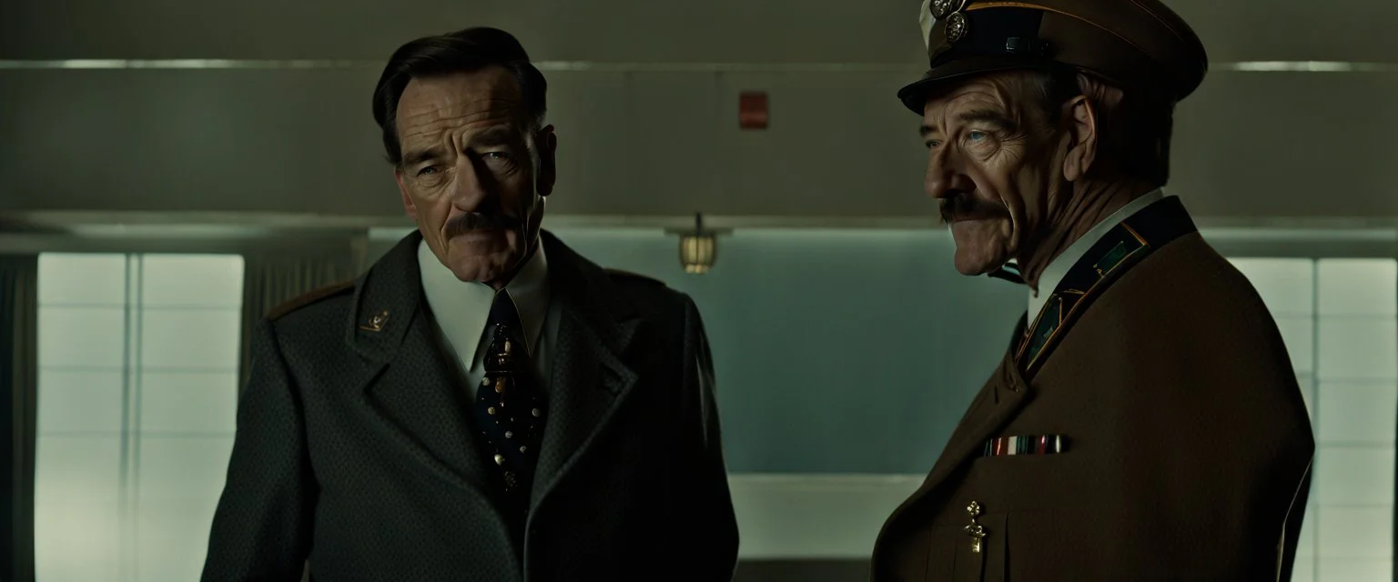 Bryan Cranston, Hitler Biopic, cinematic, Fuji Film, Anamorphic lens, 2040s, deep depth of field, Solarpunk