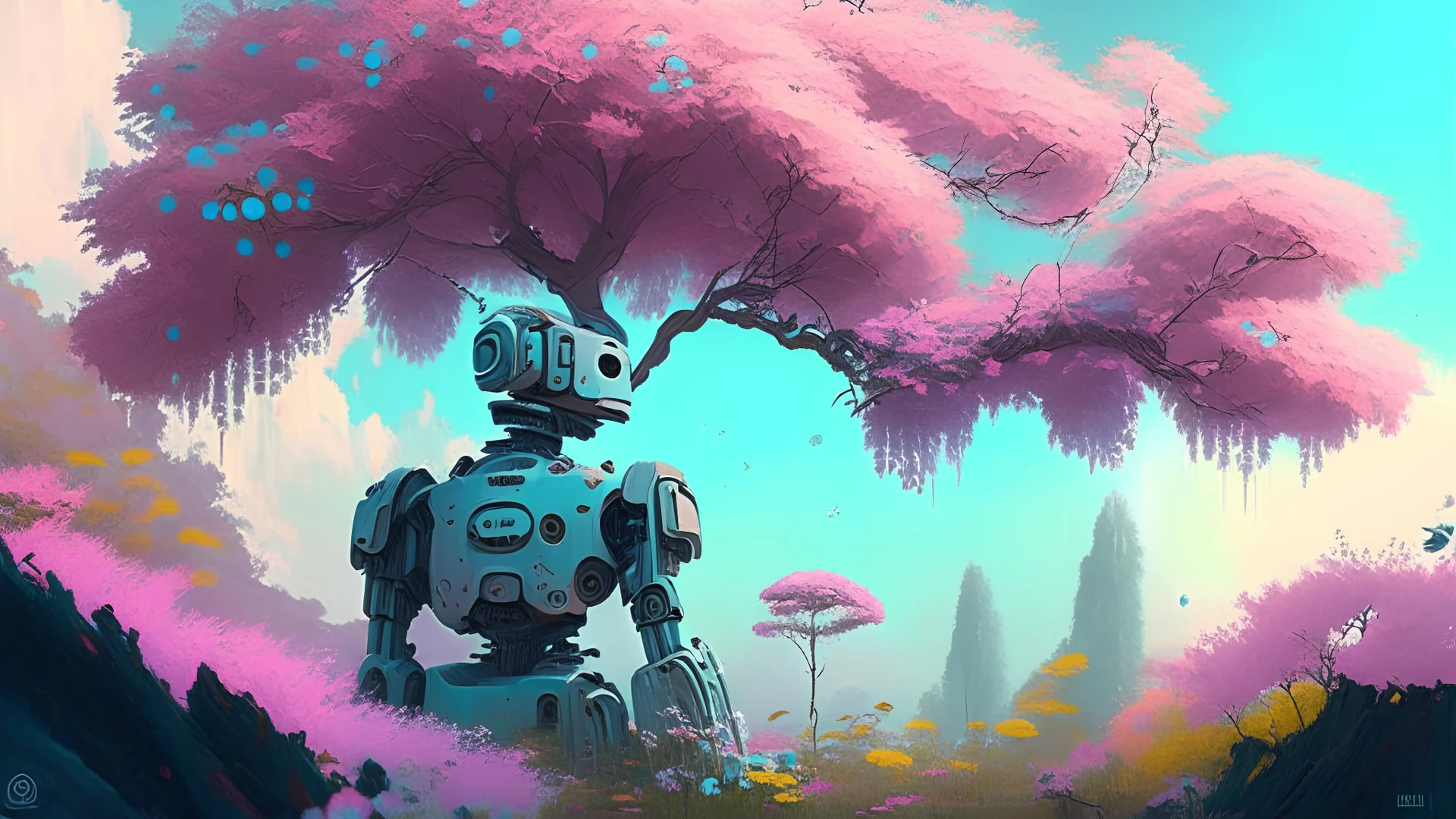 Paint, Pastel, Robotic World, everything is robotic even the trees and flowers everythibg