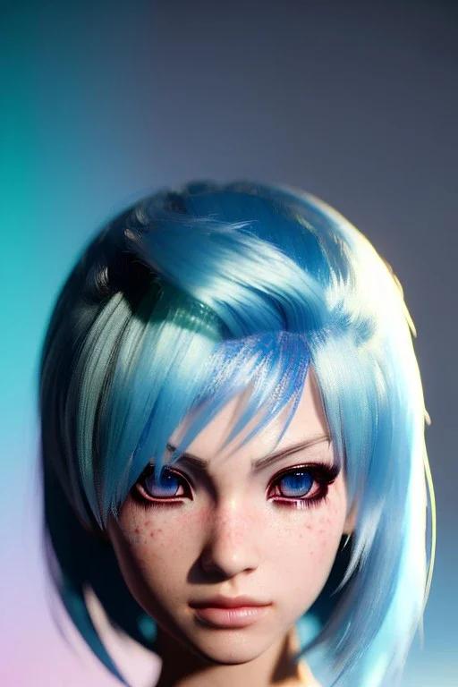 Smirking anime fighter, light blue hair, soft round realistic eyes, facepaint, up portrait, 8k resolution, intricate details, ornate details, soft lighting, vibrant colors, retroanime, masterpiece, realistic details, clear completion, intricate eyeliner, dark eyeshadow, eyes, intricate tattoos, futuristic cityscape background