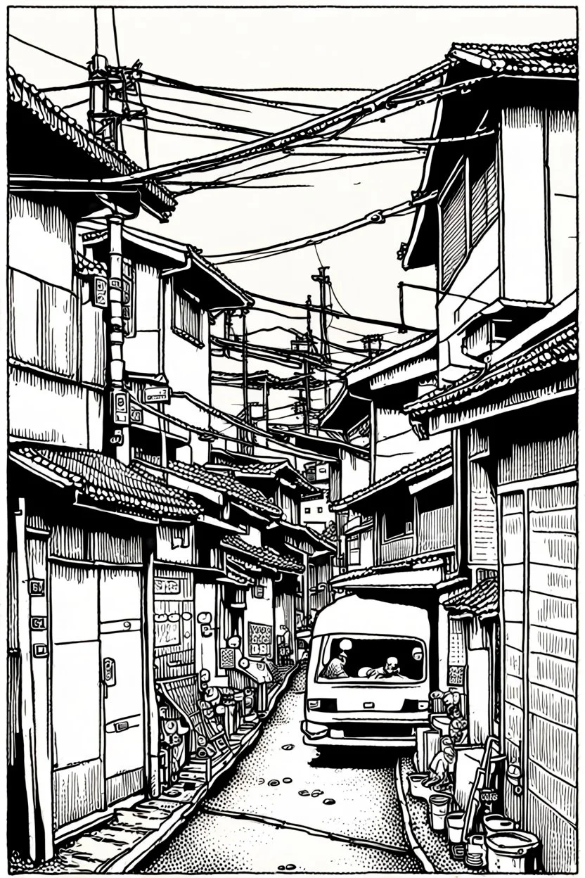 Poor neighborhood Tokyo, line arts, manga style