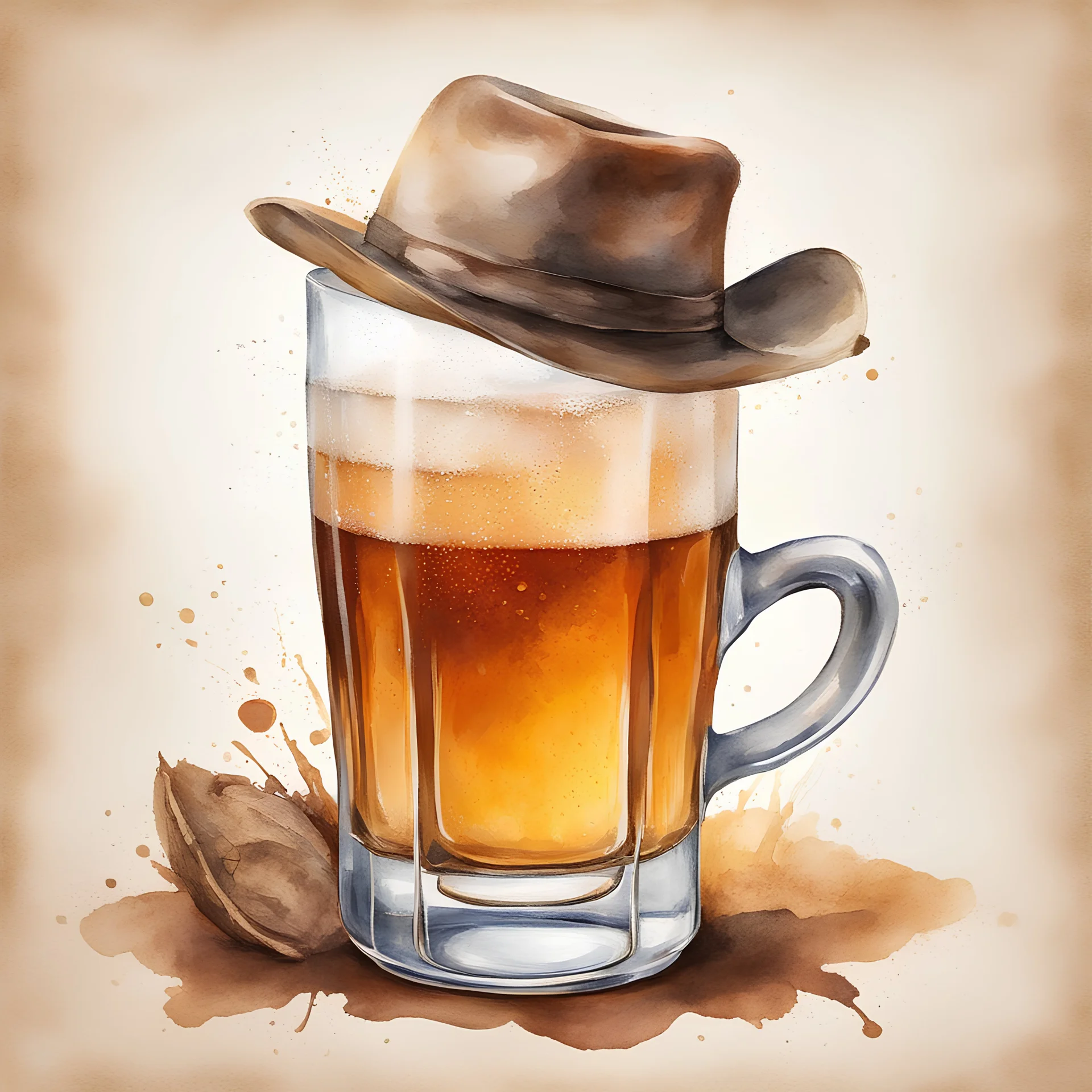 Create a an image featuring an iconic Australian element like an Akubra hat next to one glass of beer. Infuse the image with a celebratory and nostalgic atmosphere, capturing the essence of cherished memories and cultural significance. Emphasise a sense of joy and uniqueness in this visual representation of beloved favourites. this is intended for a teeshirt. Watercolour style.