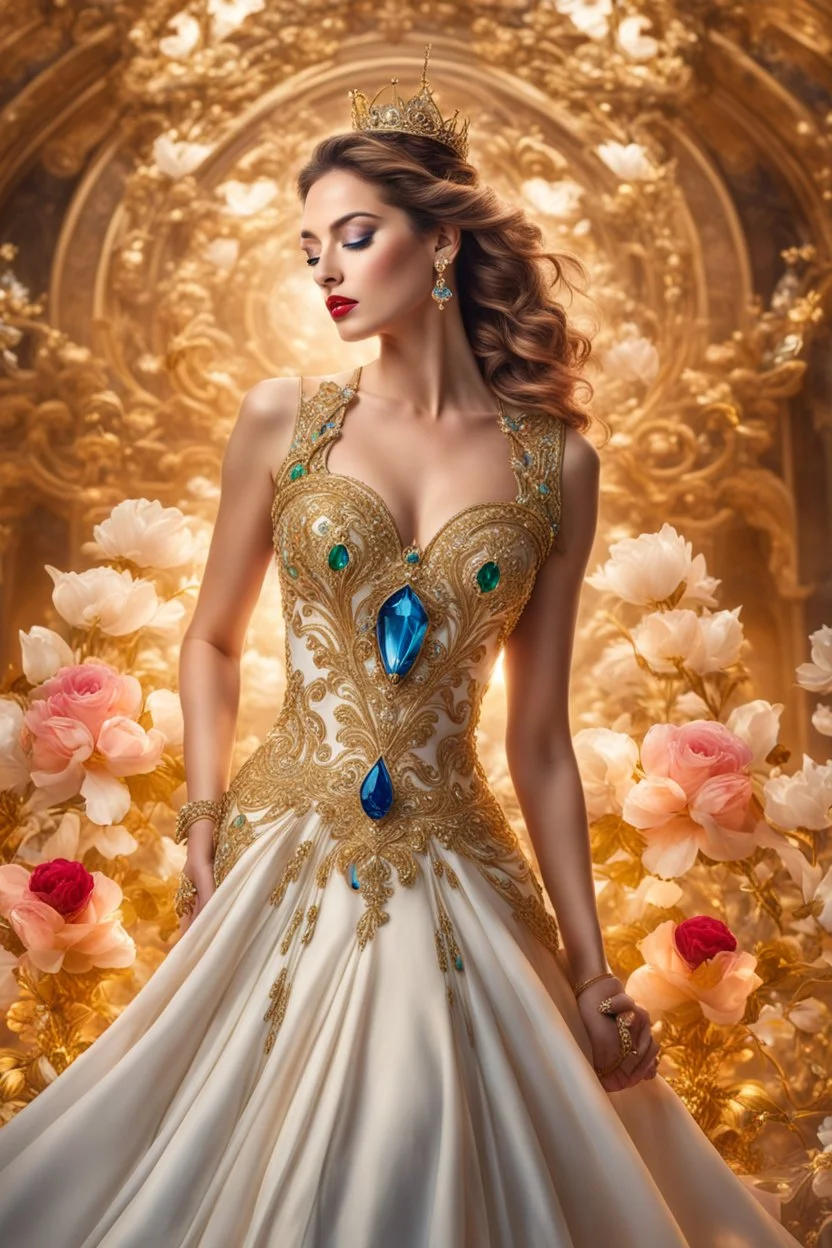 Photography Queen wearing a magical gown of swirly flowing marble water gold filigree curlicues, flowering flowers, bloom, sparkle, ornamental gilt, diamonds, rubies, emeralds, sapphires, beautiful, delicate, intricate, elegant, graceful, shiny, Hyperrealism, Rococo, expressive, spherical, zoom out, volumetric lighting