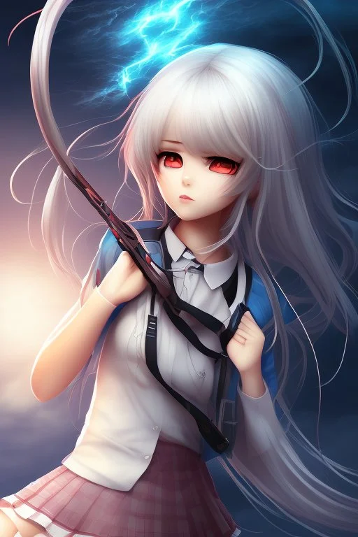 Stunning anime schoolgirl with striking looks in a stormy background