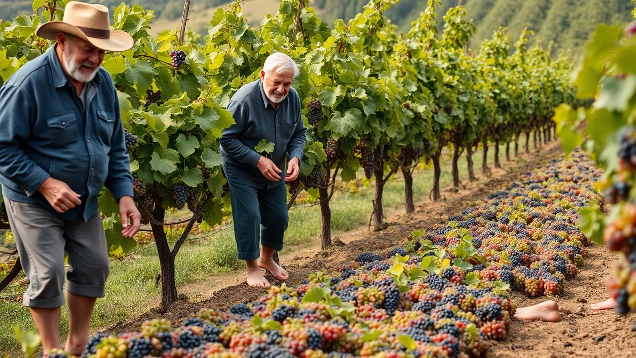 Elderly pensioners in a vineyard treading grapes in their bare feet as the first stage in making wine. There are acres of vines with lots of ripe grapes. Everyone is happy. Photographic quality and detail, award-winning image, beautiful composition.