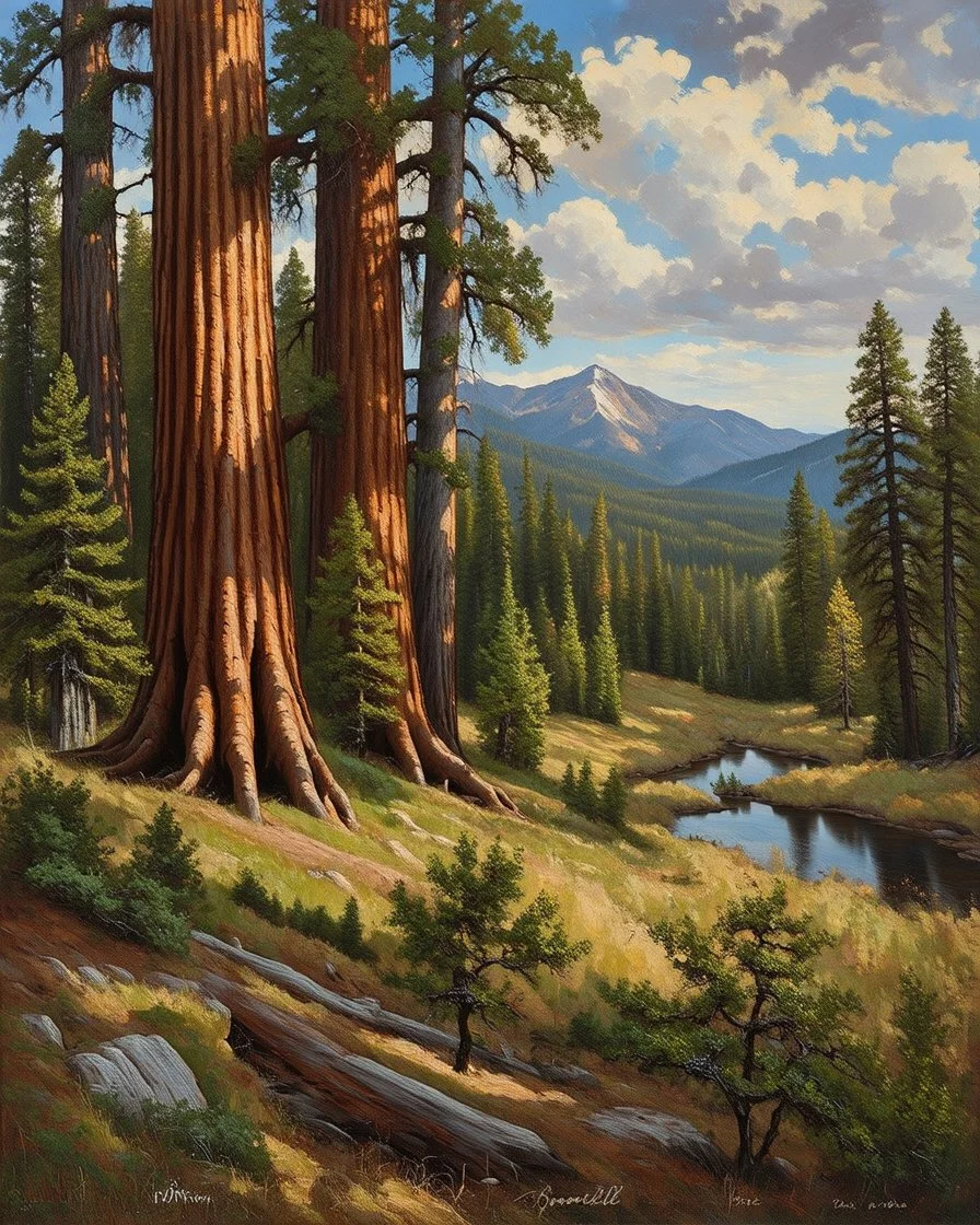 Prompt: Style: A monumental nineteenth-century American Romantic landscape painting inspired by the grand panoramic tradition of the Hudson River School. Luminous realism, masterful atmospheric perspective, refined glazing techniques, dramatic natural light, meticulous botanical detail, majestic wilderness, subtle oil textures, museum-quality fine art, celebrating the sublime beauty of untouched nature. Subject: The colossal giant sequoias of Sequoia National Park dominate the landscape, their