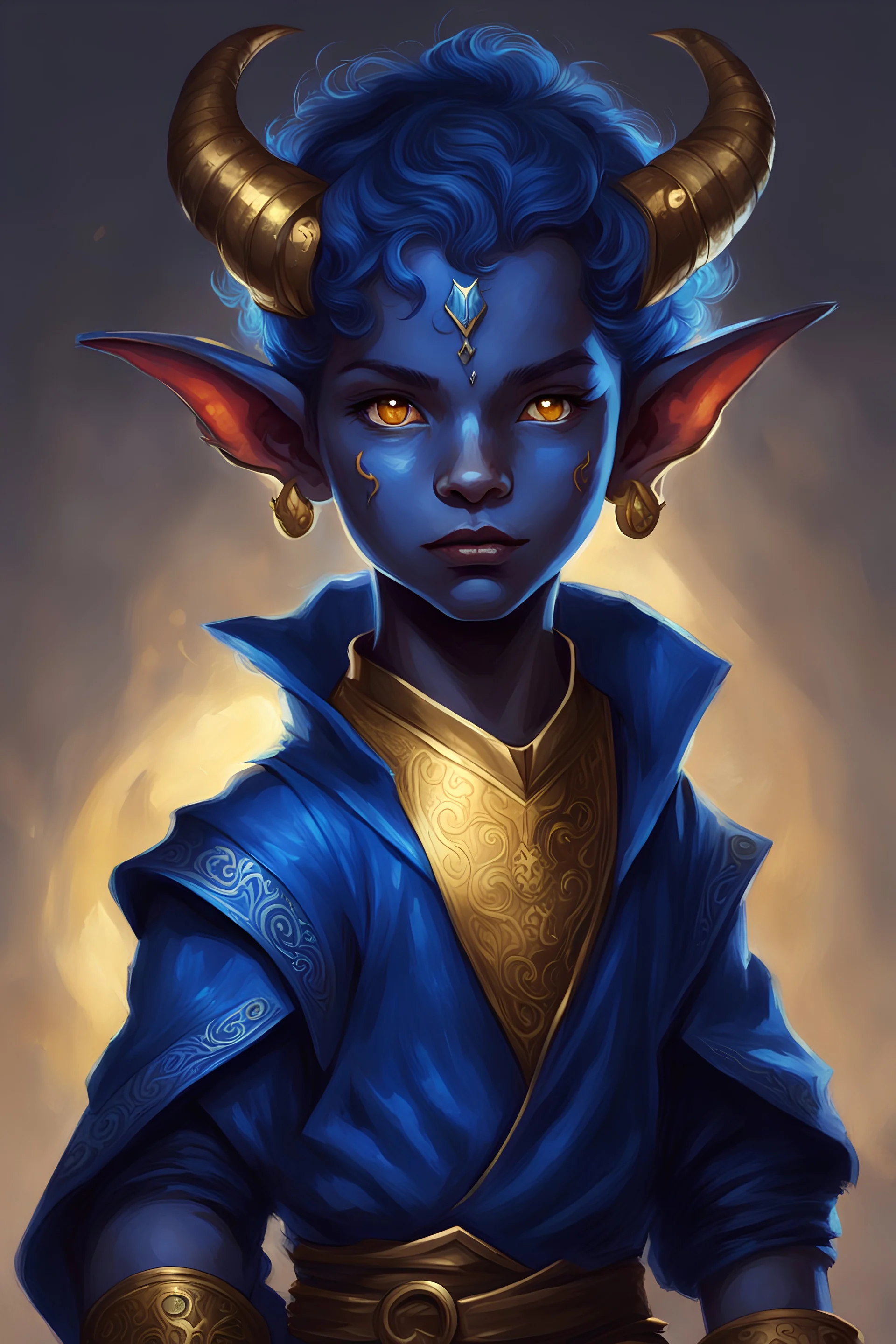 dnd art blue tiefling child with golden eyes