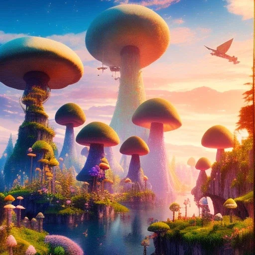 landscape 8k ultra realistic, beautiful, dwarfs in hippie clothes, trippy mushroom city, in a pastel style, willow, cave