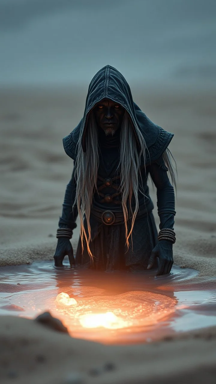 A hyper realistic photo of: Some forgotten realms strong dark skinned draw hooded creature with long white hair wades into a strongly dark grey colour emitting magically radiating and bubbling color pool in an endless windswept level landscape of only sand and grit. photorealistic, bokeh, masterpiece, smooth shading, ultra detailed, high resolution, cinematic, unreal 6, subtle shadows, octane render, 8k, cinema 4d, HDR, dust effect, vivid colors, thin line draw