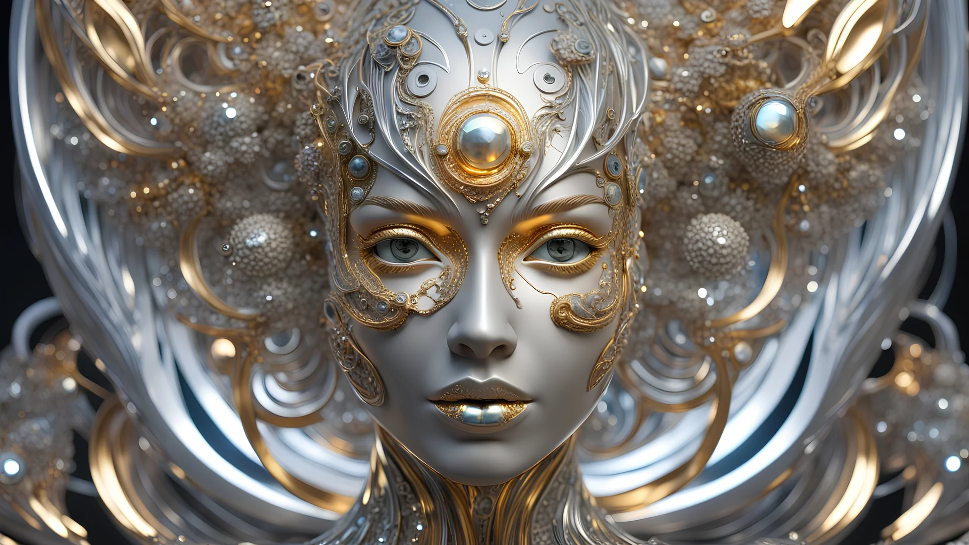 figure of a woman, art from the "art of control" collection by Jasper Harvey, in the style of futuristic optics, silver and gold, flower, bird, detailed facial features, swirling vortices, glowing, 8k 3d, bizarre cyborgs, made of crystals, high detail, high resolution, 8K