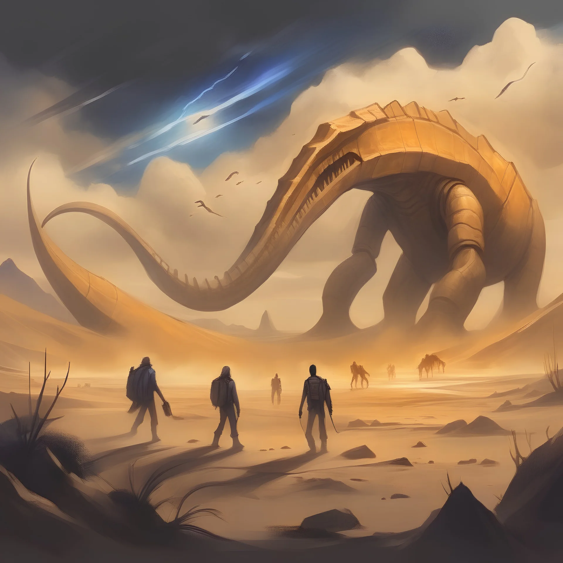 colored Concept art painting of a group paleontologists in an sand storm, epic, dramatic, aktion scene