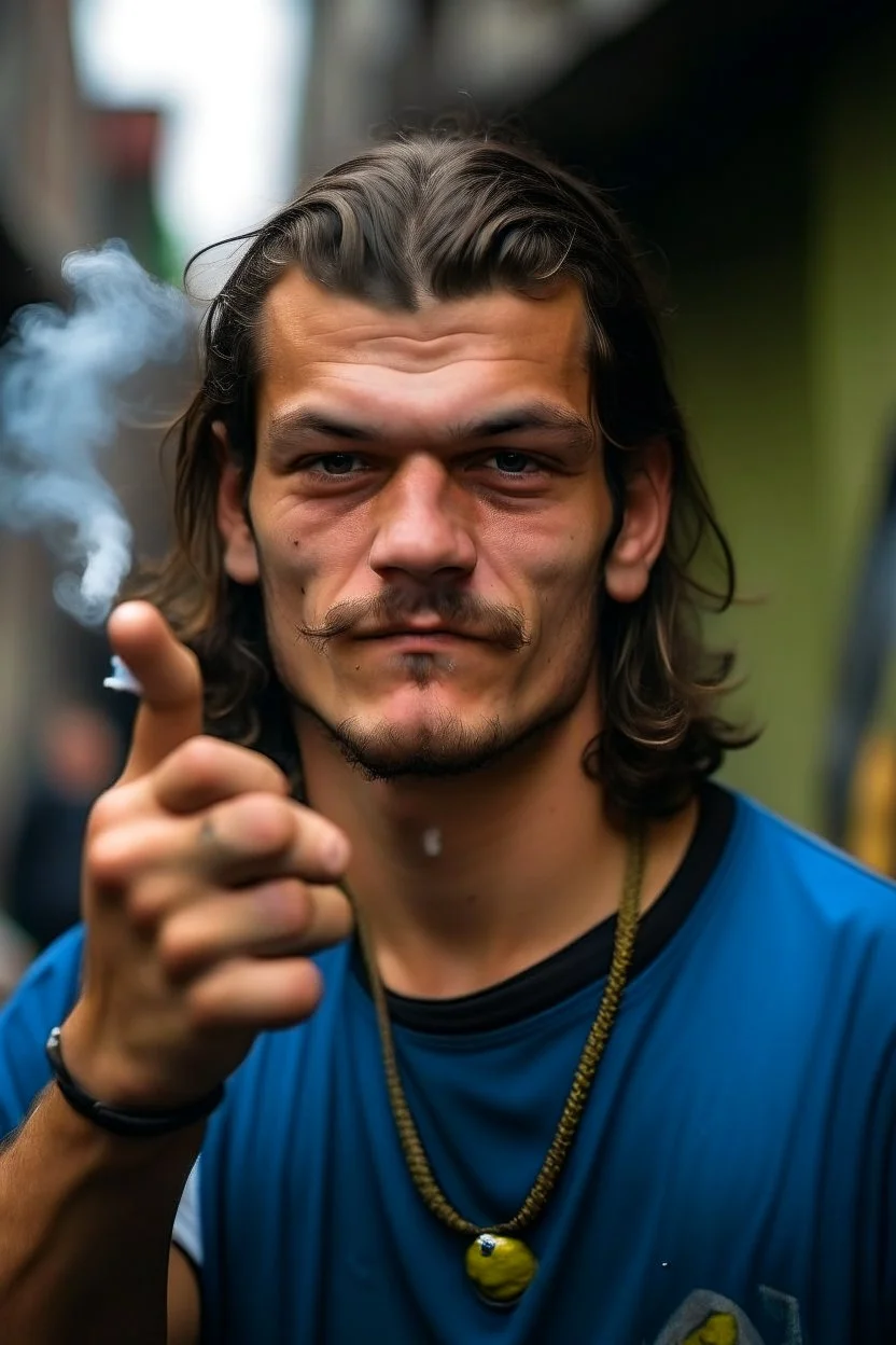 tough looking guy with a mullet pointing his hand like a gun at the camera while he smokes a burning cigarette and does cuernos with his other hand