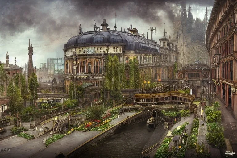 Trainstation+Bar and garden on High Bridges across Skyscraper river+canals+Gothic village+European Metropolis on sea+naples alley+Torino square+trieste canals+victorian London+decòpunk Skyscraper+ +steampunk+biopunk+alphonse mucha, greg rutkowski, matte painting, cryengine, hyper detailed, felix kelly, fantasy art, seb mckinnon