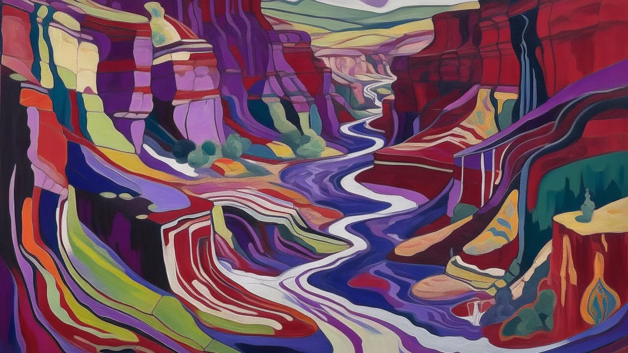 A red violet variegated canyon designed in native American petroglyphs painted by Wassily Kandinsky