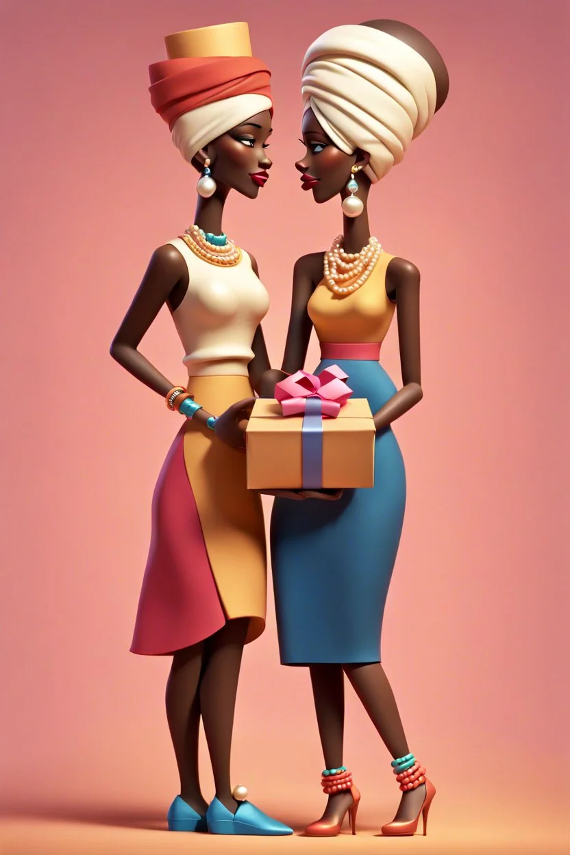 Love is in town. Prompt: Stylized 3D cartoon woman in profile view with long elegant proportions and smooth dark skin tone. Wearing a color-block mini skirt and sleeveless top. Her head wrapped in a turban and accessorized with bracelets and pearl earrings. Holding a small gift box with ribbon in her hands. Accompanied by a tall male companion in matching stylized design. Set against a soft studio backdrop --ar 2:3 --profile sng3ui9 --stylize 300 --draft