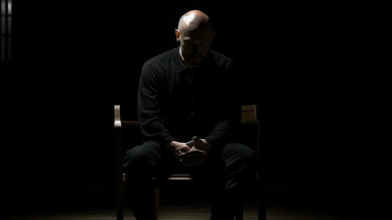 في الصورة، يظهر رجل جالس على كرسي في غرفة مظلمة. وجهه غير واضح، لكن يمكن رؤية عينيه مغمضتين. الرجل يرتدي ملابس سوداء، ويبدو أنه في حالة من الهدوء والتأمل.