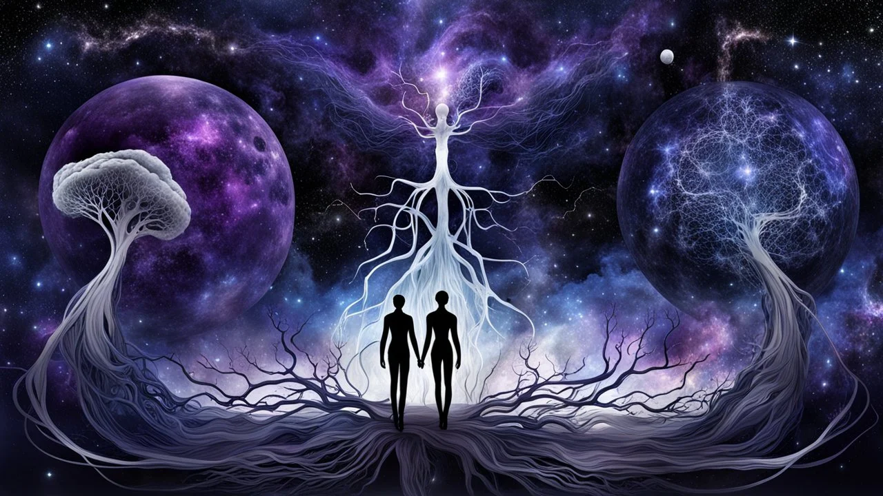 abstract 2d digital art graphic and ink montage,. Deep dark purple ,galaxy background with nebulas, human nervous system with fade little lights , white-dark blue-pale gray and black colors, Clean composition with strange surreal vibe, emotional, abstractions, neurodivergens soul and mind, cinematic, thriller, four little human dark shilouette floatings in universum