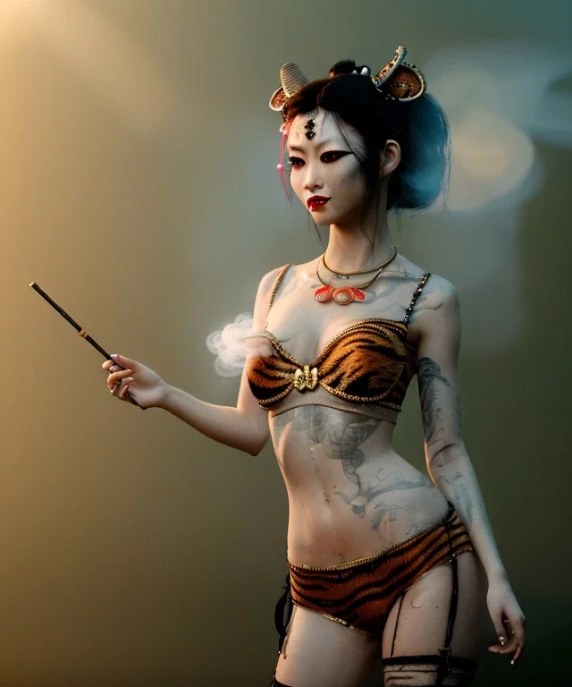 Ultra realistic, steampunk , , cabaret scene. Geisha Asian woman with tiger, waist up view, smoke, happy, color fog, people background, highly detailed, concept art, unreal engine 5, god rays, ray tracing, RTX, lumen lighting, ultra detail, volumetric lighting, 3d, finely drawn, high definition, high resolution.